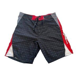 Maui And Sons Men's Sz 38 Black Red White Board Shorts Boardshorts Geo Print